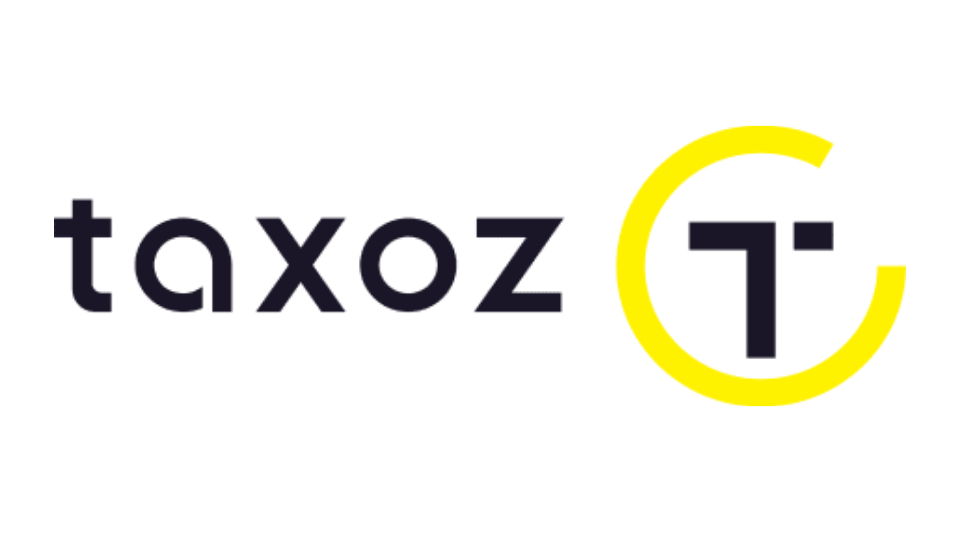 The logo includes the text 'taxoz' in dark purple font and a yellow circular design surrounding the letter 'T'