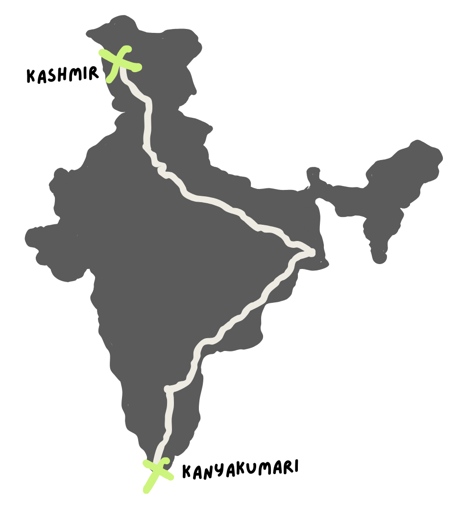 Map of South America showing a route from the northern part of the continent to the southern tip, marked with a white line and green cross symbols at both ends.
