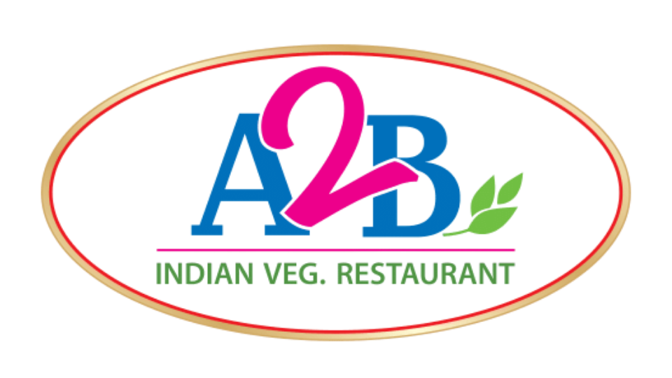 Colorful logo for A2D Indian Vegetarian Restaurant with blue, pink, green, and red elements and oval shape
