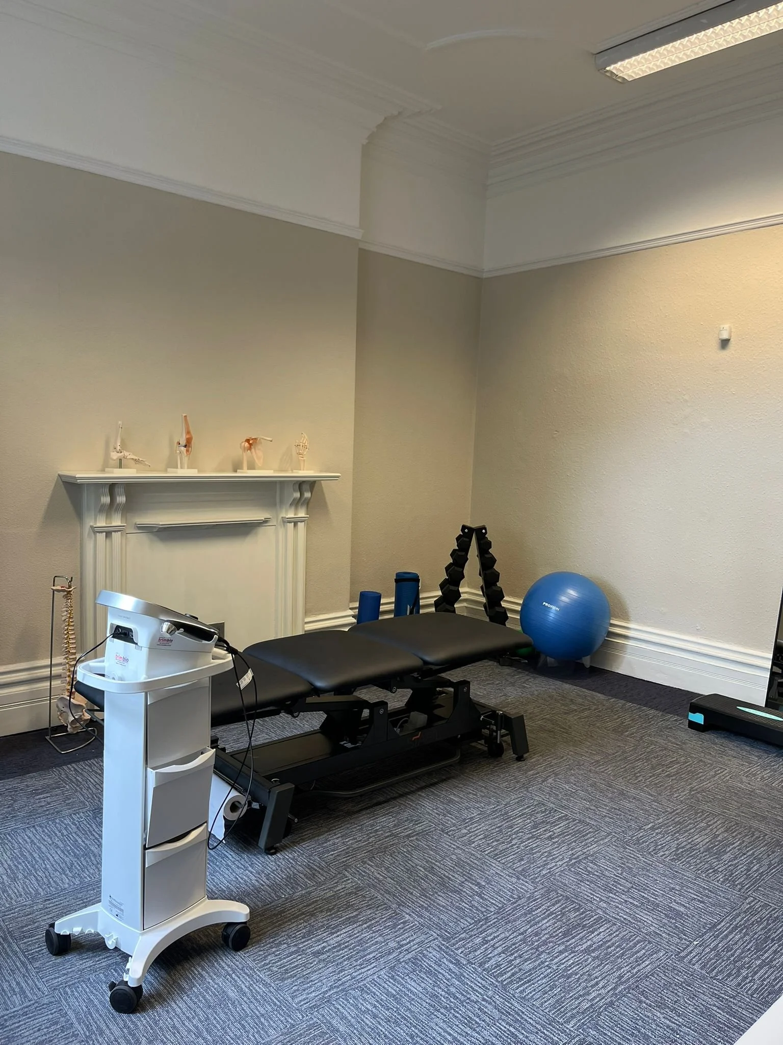 Physical therapy or rehabilitation room with a treatment table, exercise balls, weights, and medical equipment.