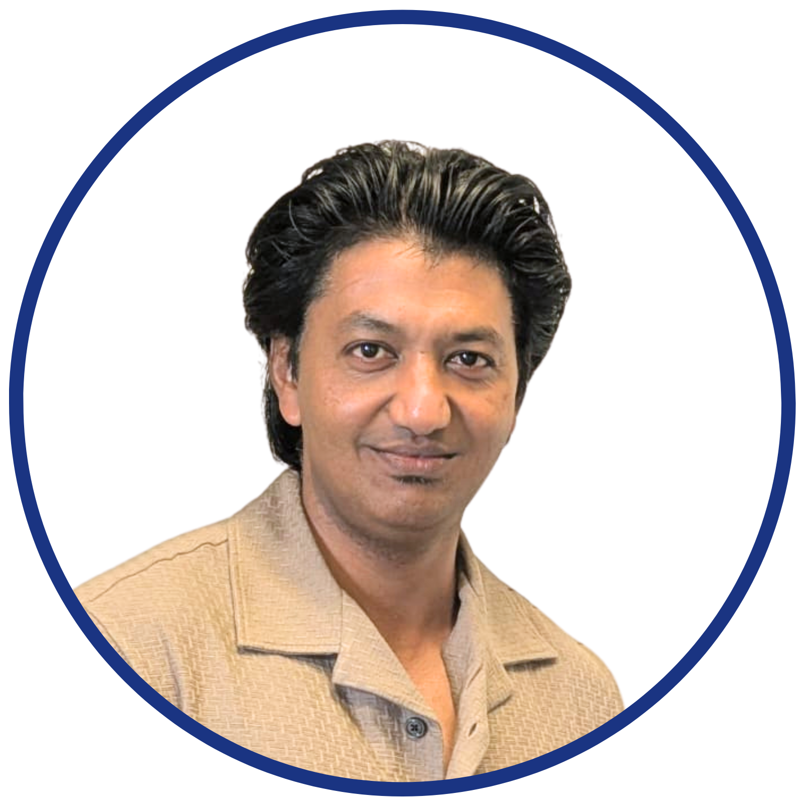 Portrait of a man with dark, styled hair, wearing a beige collared shirt, against a plain white background with a blue circular border.