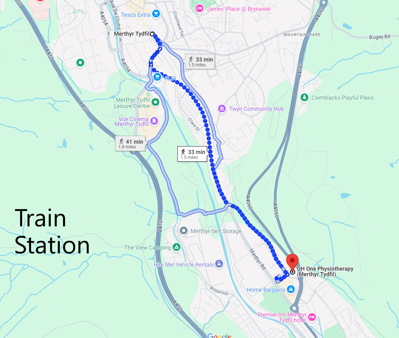 Directions to OH One Physiotherapy from Merthyr Tydfil Train Station