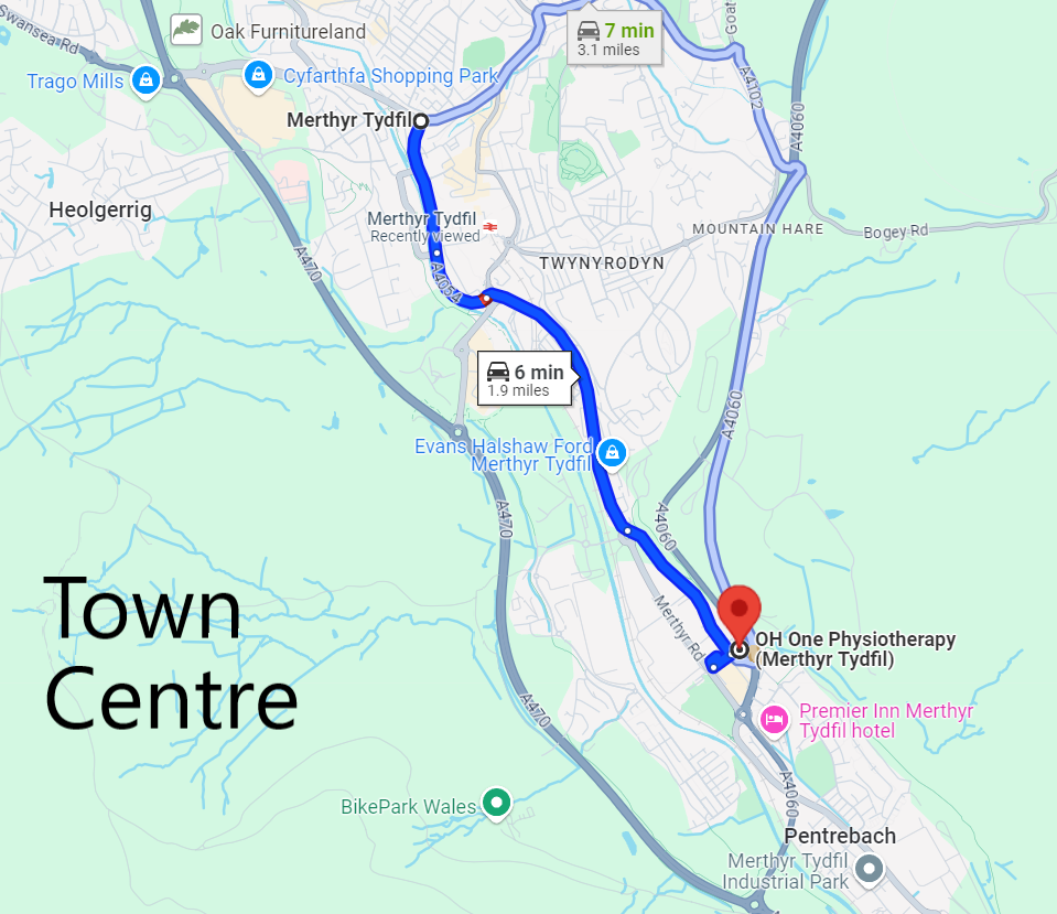 Directions to OH One Physiotherapy from Merthyr Tydfil Town Centre