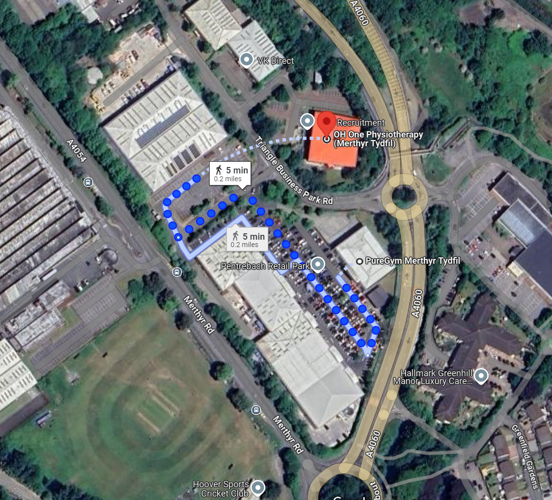 Directions to OH One Physiotherapy from PureGym (Pentrebach, Merthyr Tydfil)