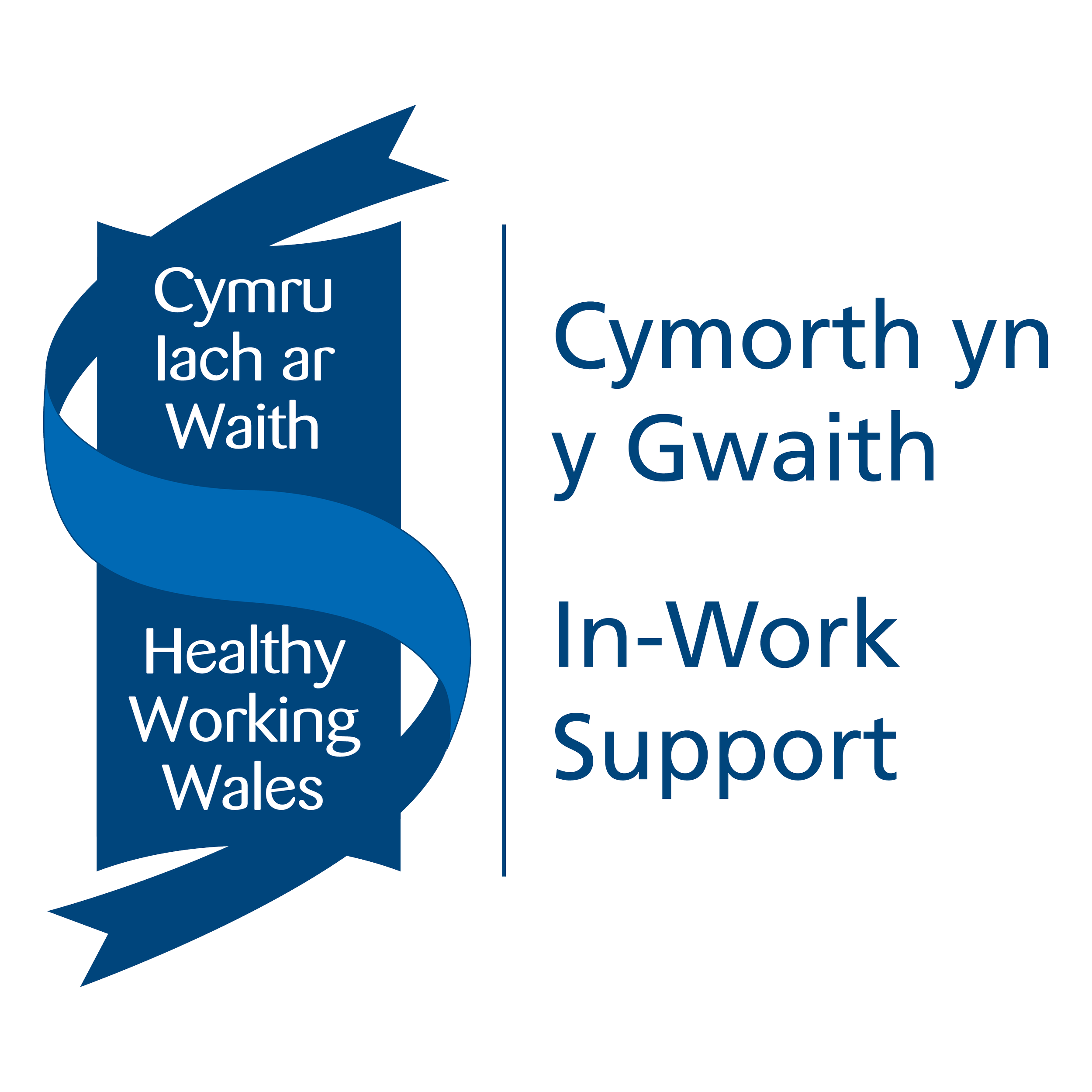 Logo for the Welsh Government's "In-Work Support" Programme. This is a vertical blue ribbon, and the slogan Healthy Working Wales