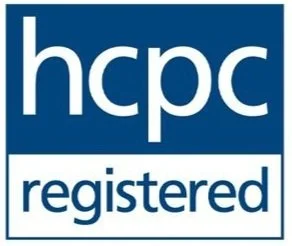 HCPC logo featuring a blue rectangle across the top half, containing the white text "hcpc". And the bottom half is a white rectangle containing blue text "registered"