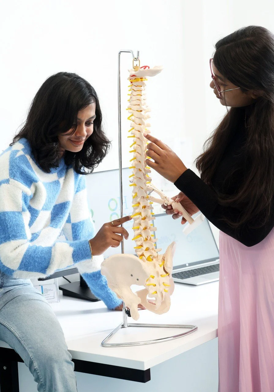 physios females looking at a spine model