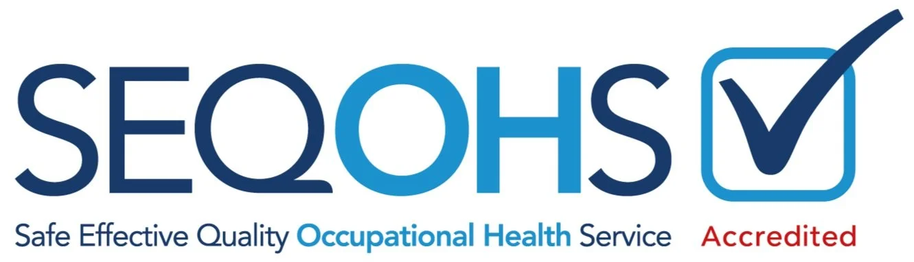Full colour logo of the SEQOHS organisation. This features a white background with navy blue "SEQOHS" text. To the right is a ticked box to indicate the "Accredited". Beneath this logo is the words Safe Effective Quality Occupational Health Service