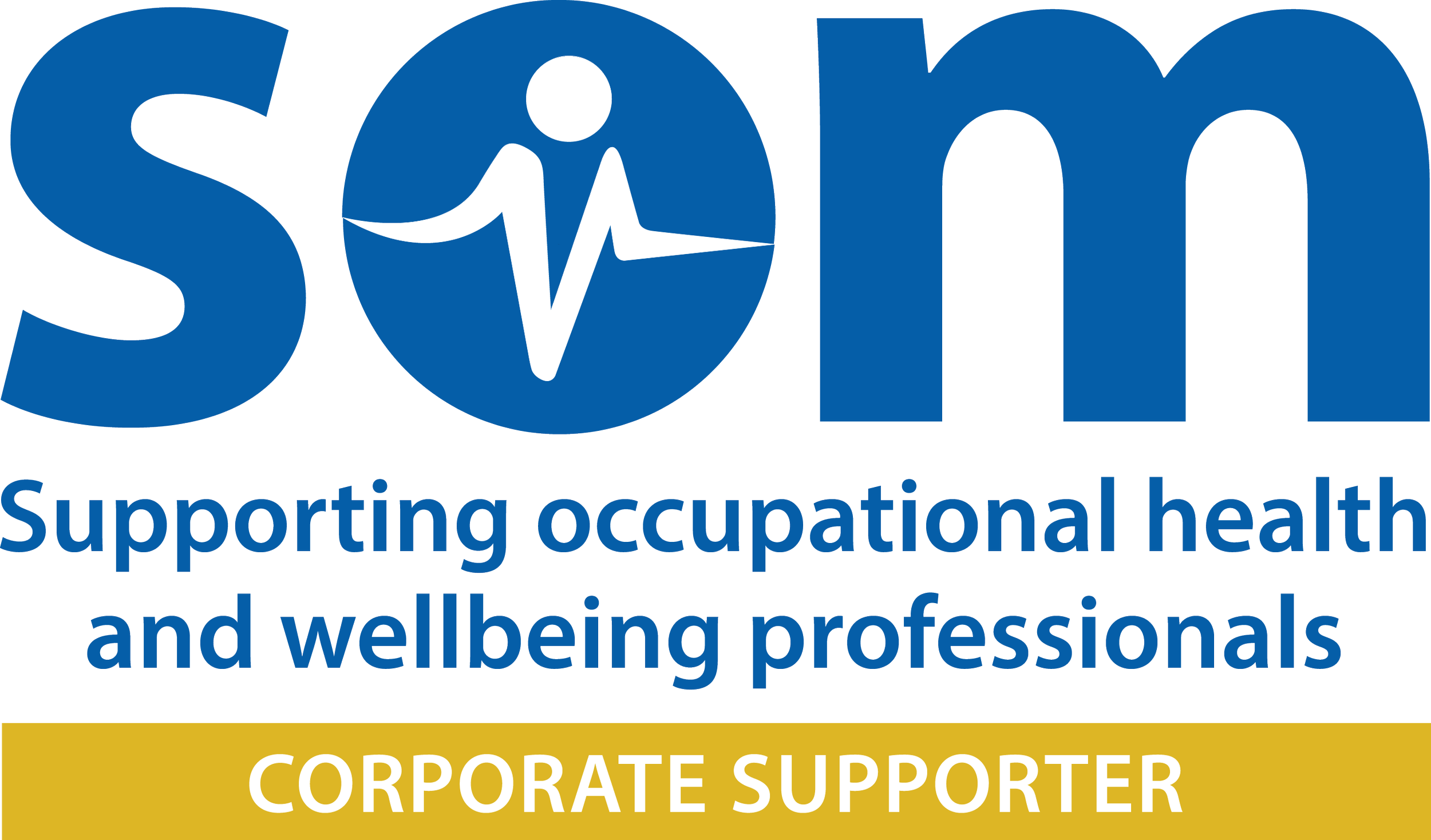 Navy blue text "SOM" which is the logo of Society of Occupational Medicine. Beneath is the slogan Supporting occupational health and wellbeing professionals. Across the bottom is a gold band to feature "Corporate Supporter"