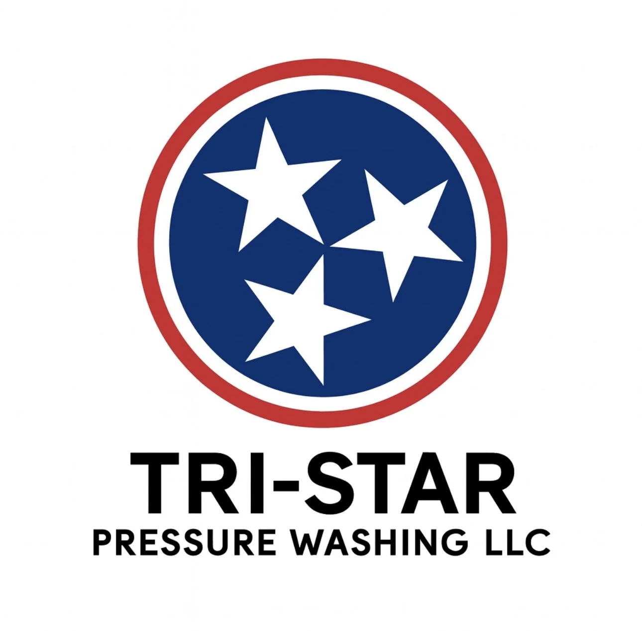 Logo for Tri-Star Pressure Washing LLC featuring a red, white, and blue circular emblem with four white stars inside a blue circle, and the company name and description underneath.