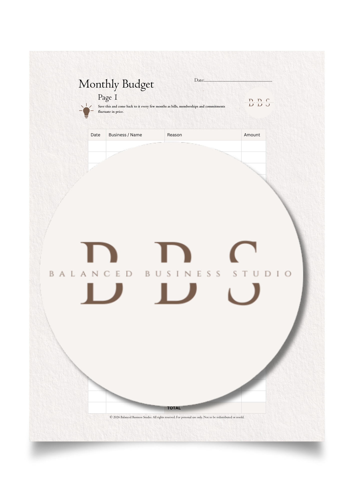 Manual Monthly Home Budget Tracker