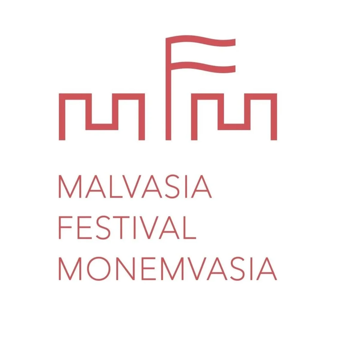 Minimalist logo with a stylized city skyline and a flag, accompanied by the text "Malvasia Festival Monemvasia" in red.