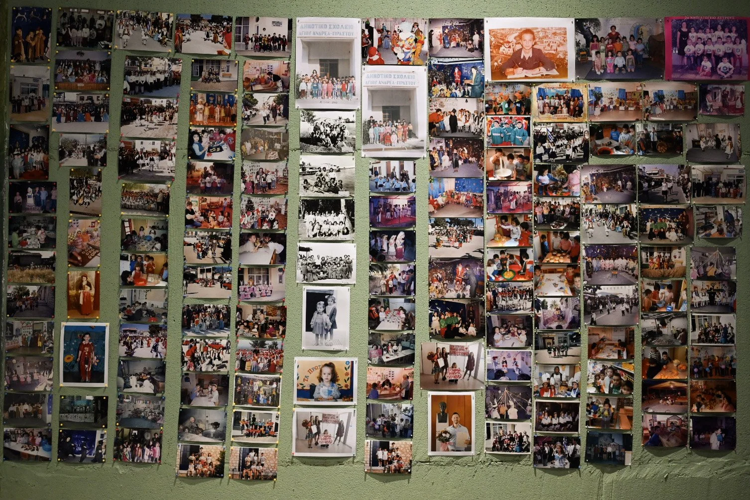 Collage of various photographs depicting children and community events at a school, including group photos, celebrations, and classroom activities.