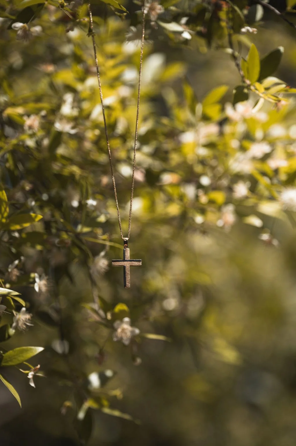 A close-up of a gold cross necklace hanging from a tree branch amidst green leaves and small white flowers.