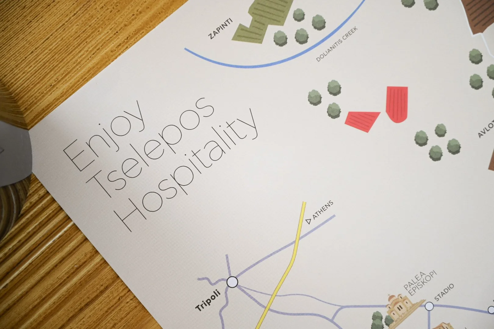A map with the phrase "Enjoy Tselepos Hospitality" and directions to Tripoli, Athens, and Palea Episkopi.