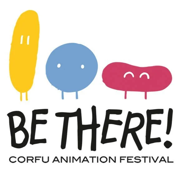 Three colorful cartoon characters resembling a banana, a blue circle with small eyes, and a pink oval with eyes, with the text "BE THERE!" and "CORFU ANIMATION FESTIVAL" below.