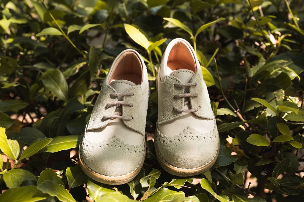 Pair of small children's shoes, light beige with laces, placed on green leafy bushes.