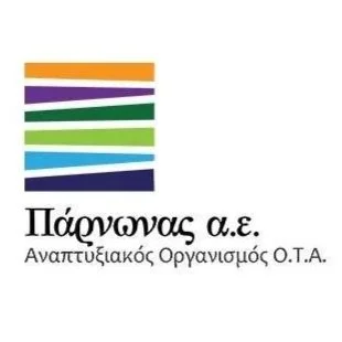 Logo with five horizontal colored bars and Greek text below.