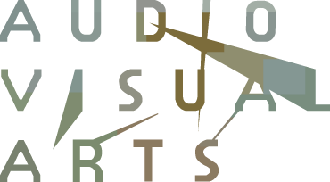 Text-based logo reading 'AUDOVISUAL ARTS' with artistically styled letters and abstract design elements