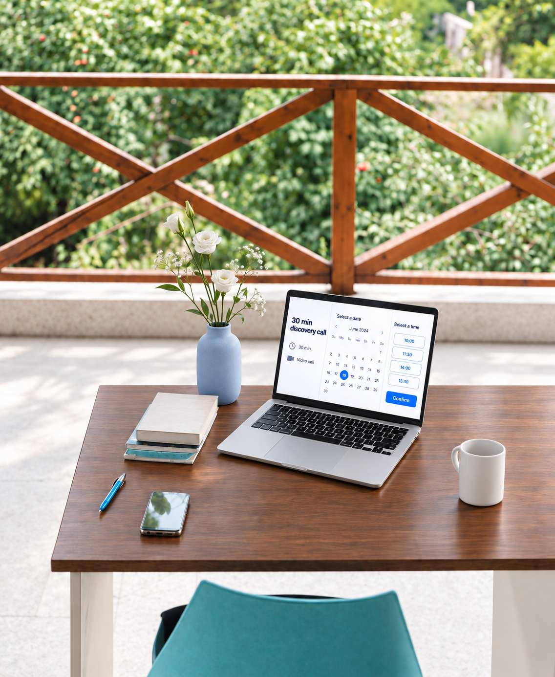 Outdoor workspace with a wooden table, white flowers in a blue vase, a smartphone, a pen, a notebook, a laptop showing a scheduling app, a white mug, and a blue chair, with a wooden railing and lush green trees in the background.