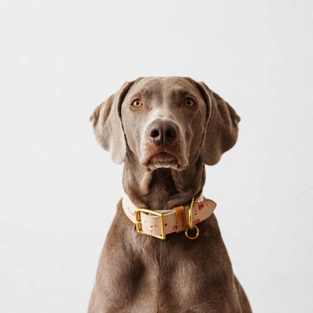 A close-up portrait of a grey dog with amber eyes, wearing a pink collar with colorful patterns and a gold buckle, against a plain white background.