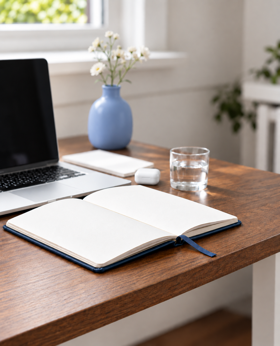 Open blank notebook on wooden desk with laptop, glass of water, AirPods, white notepad, blue vase with white flowers, and plant in background.