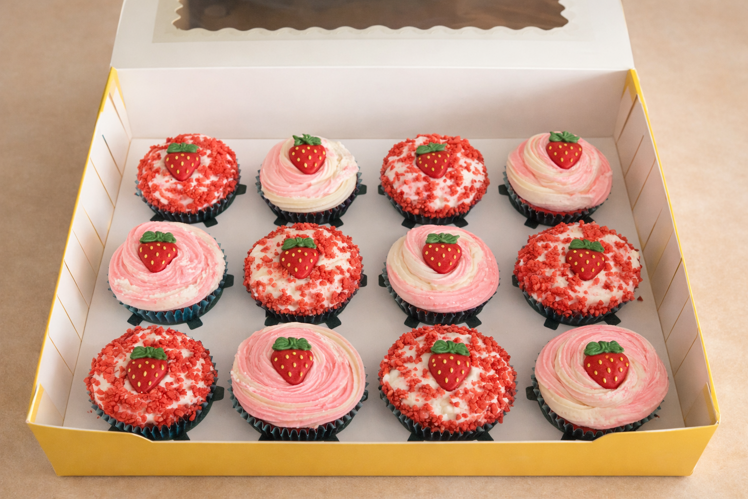 Strawberry with buttercream frosting.  Strawberry cake made with strawberry milk, vanilla buttercream and strawberry crunchies.  Strawberry buttercream also available.  