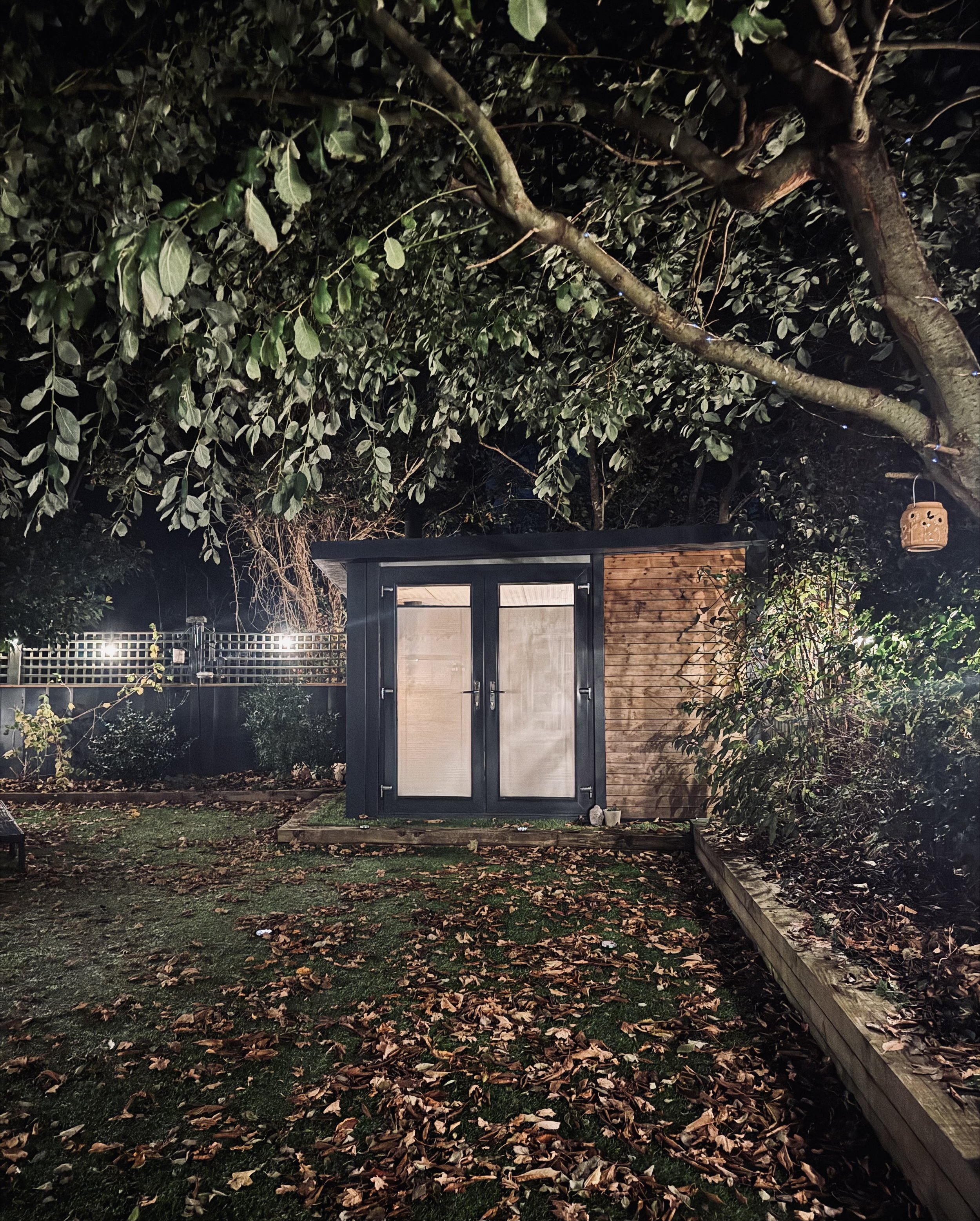 Nighttime scene of a backyard with fallen leaves, a small enclosed structure with glass doors, trees overhead, and outdoor string lights.