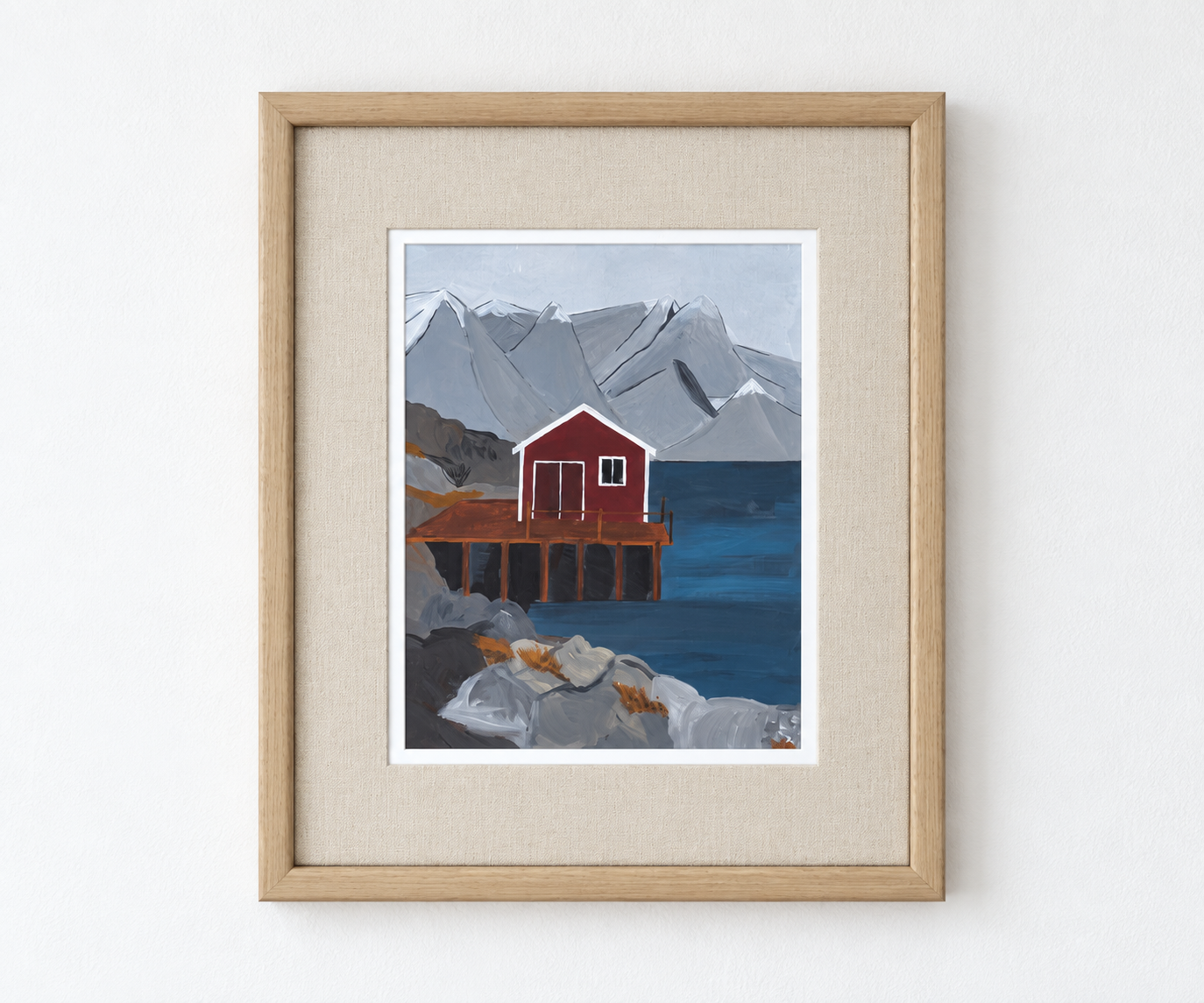 Framed Coastal Mountain Boathouse Painting.png