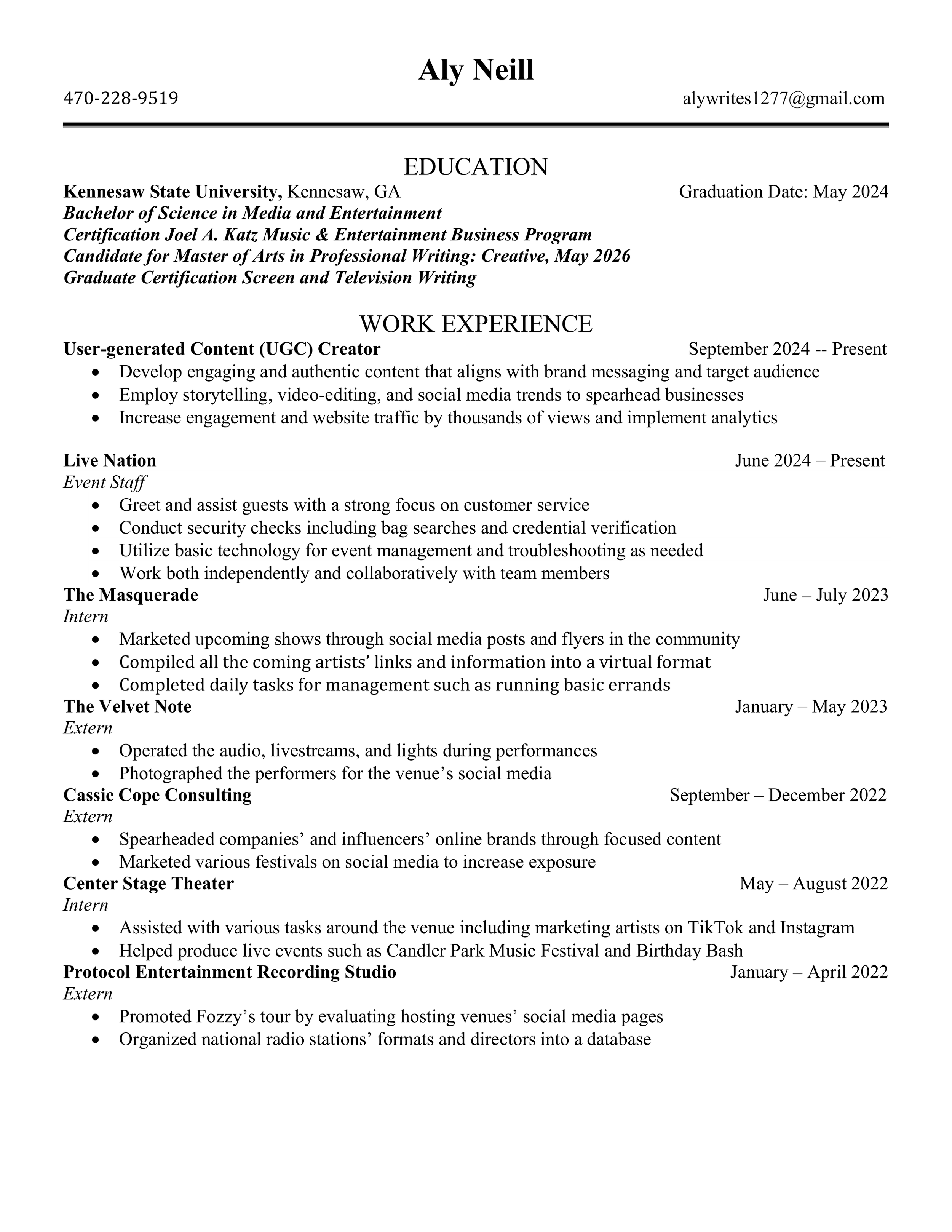 Resume for Aly Neill including contact information, education, and work experience details.