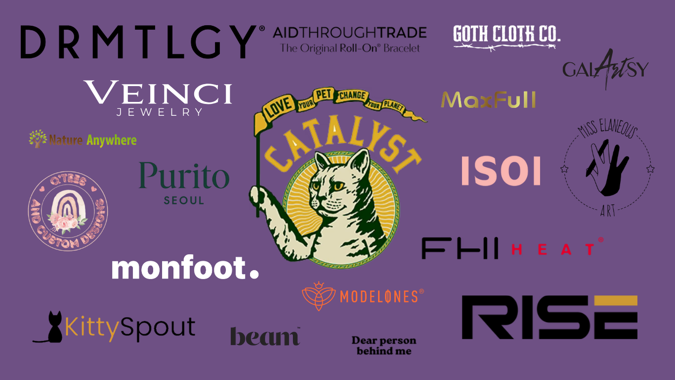 A purple background collage of various brand logos and designs, including Catályst with a cat illustration, VEINCI Jewelry, monfoot, RISE, and others.