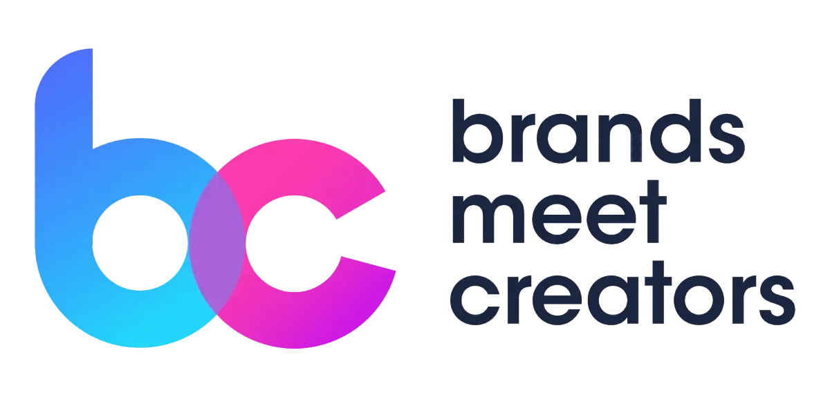 Logo with stylized lowercase letters 'b' and 'c' in blue and pink, and the words 'brands meet creators' in black text to the right.