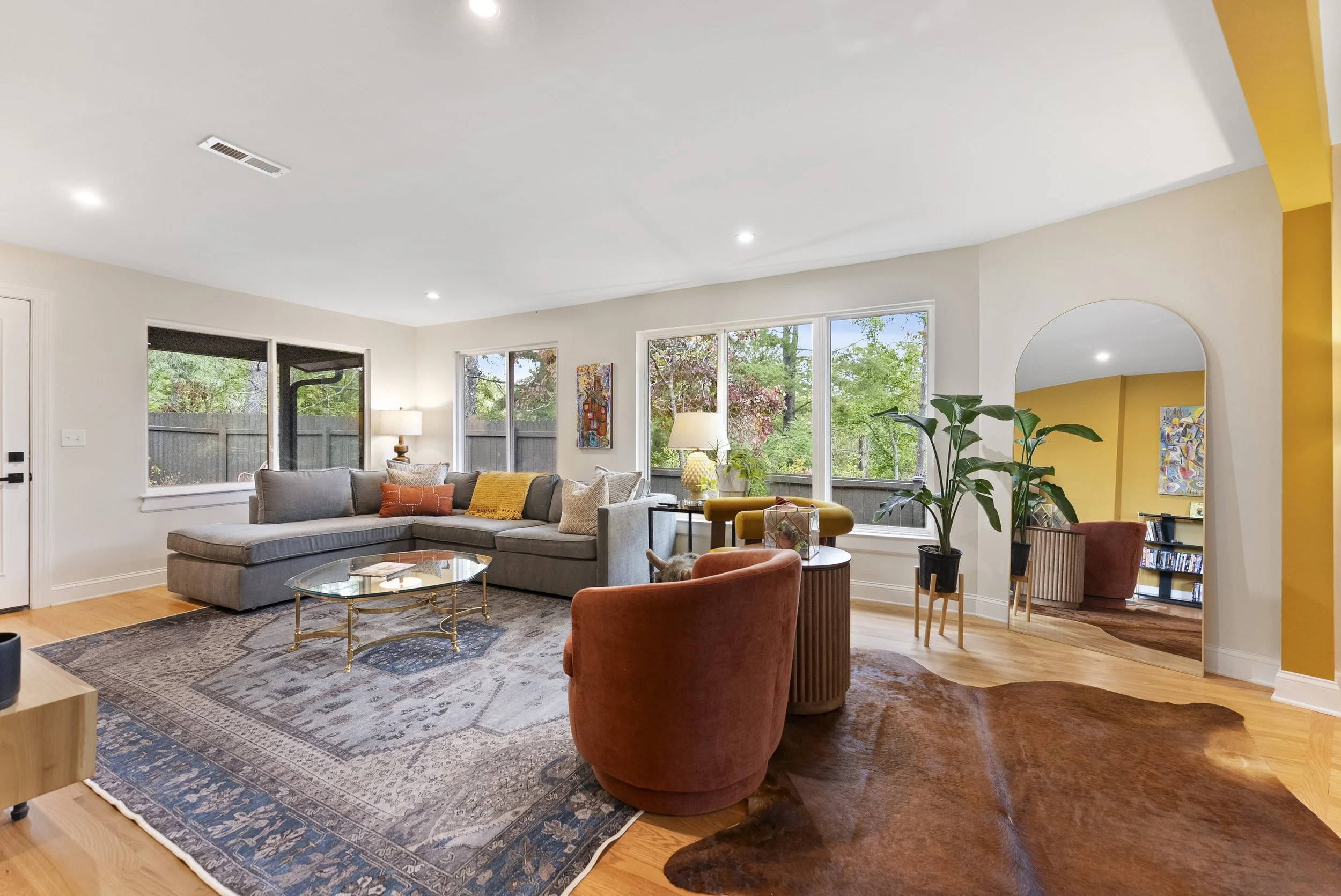 Mid-century modern, updated living room in a beautiful neighborhood near Beaver Lake in Asheville, NC