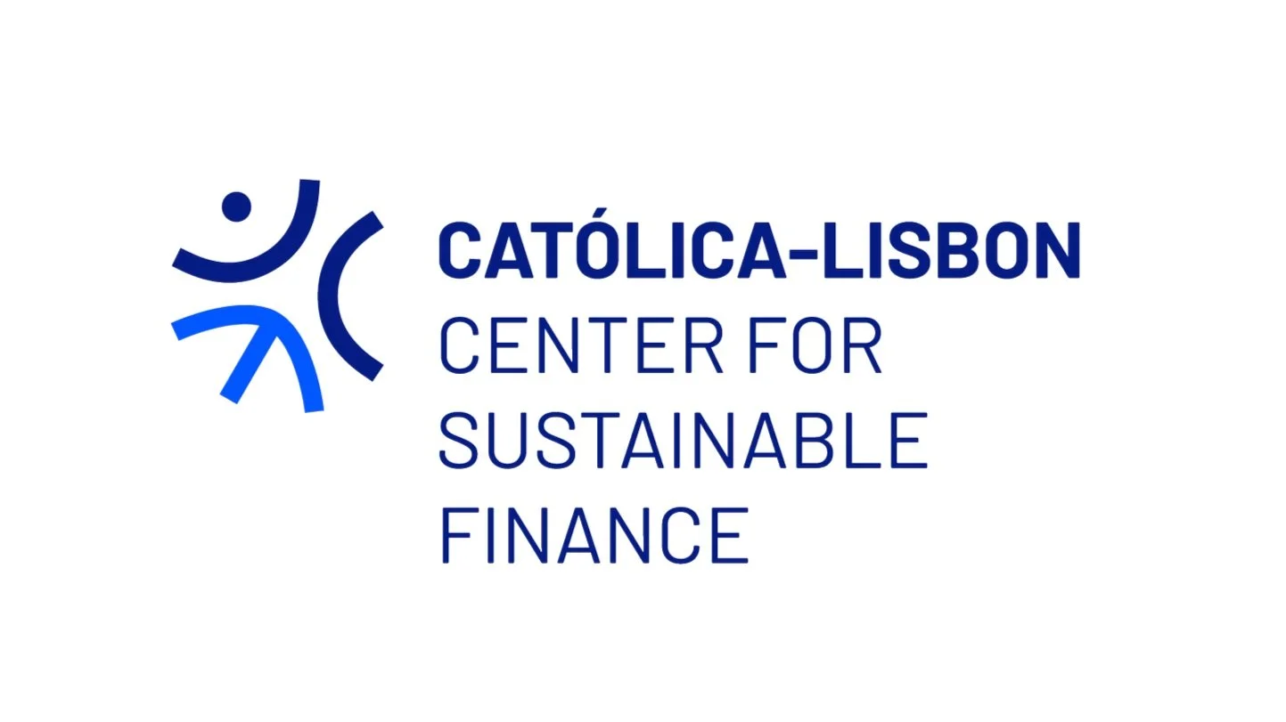 Logo of Católica-Lisbon Center for Sustainable Finance with abstract blue design on the left.