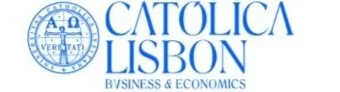 Logo of Católica Lisbon Business & Economics in blue text with a circular emblem containing Greek letters and "Veritati" slogan.