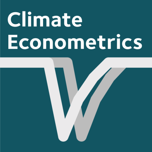 Logo reading "Climate Econometrics" with stylized geometric pattern on a teal background.
