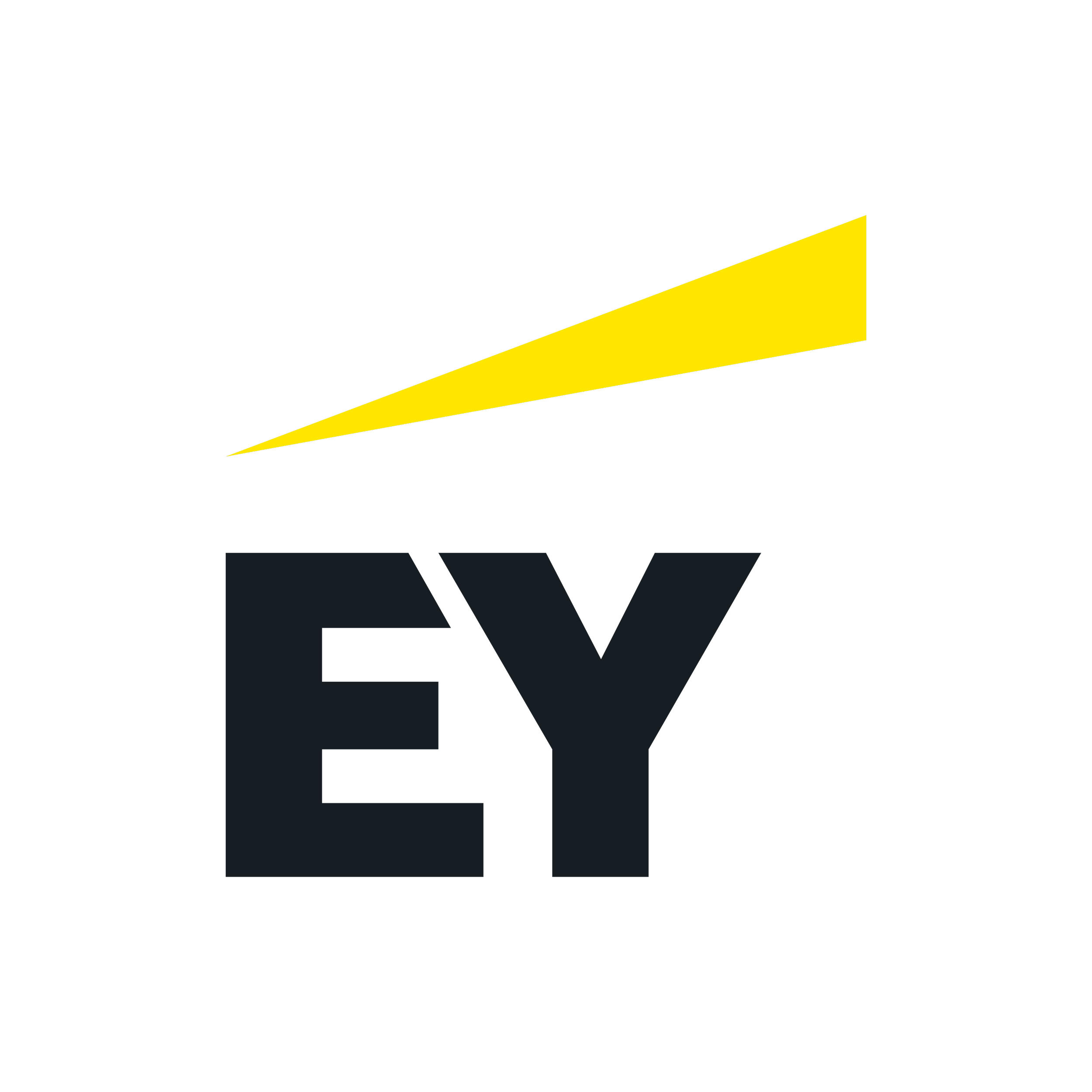 Logo of EY with black letters and a yellow geometric shape on top