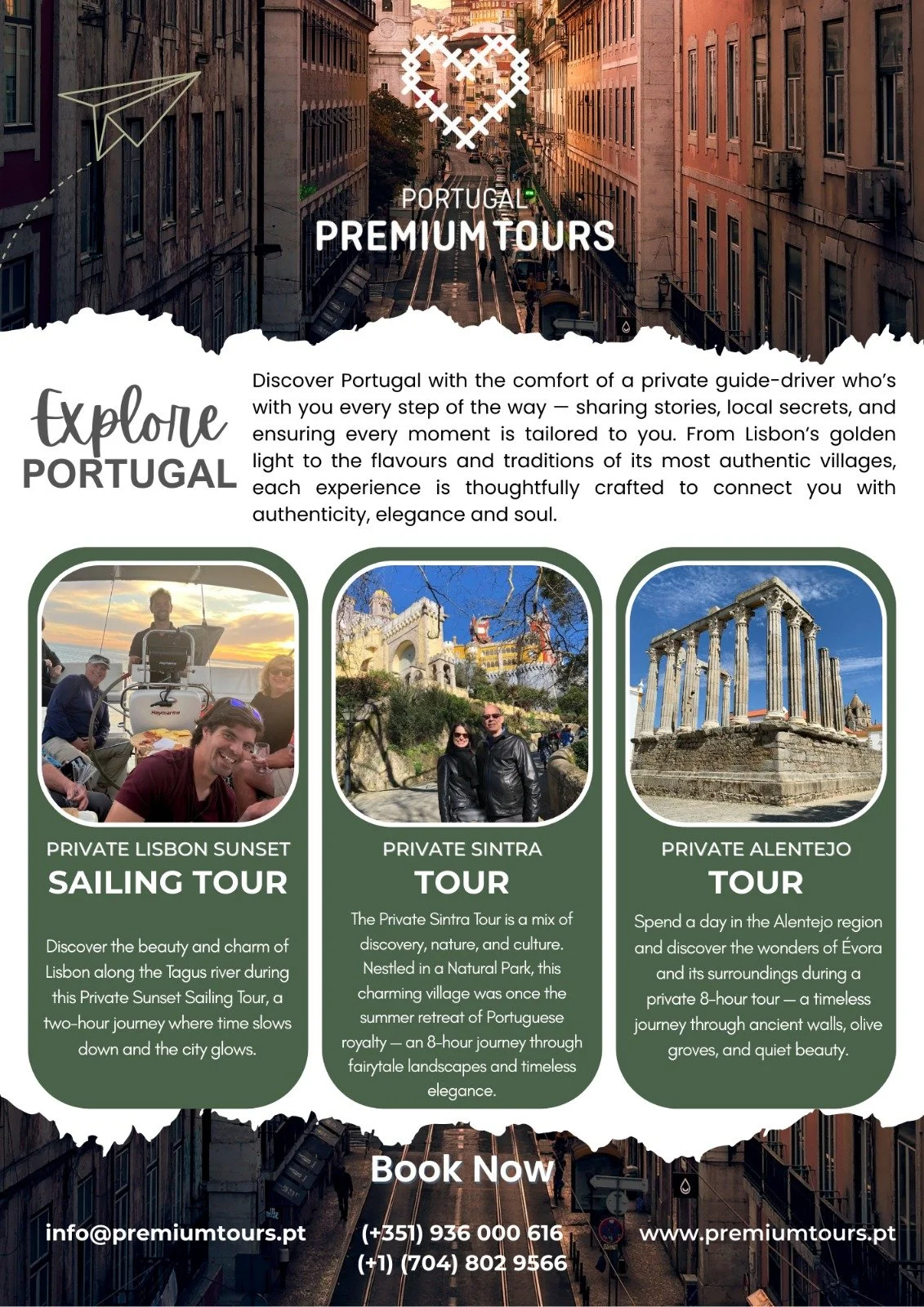 Tour advertisement for Portugal featuring images of a sailing tour in Lisbon, Sintra, and Alentejo with descriptions of each experience.