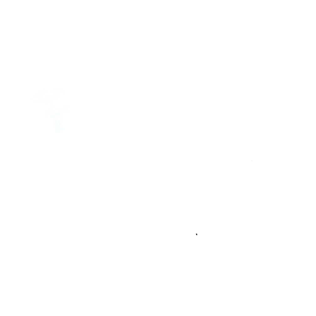 Logo avec le texte 'LA FORESTIÈRE' entouré de dessins de feuilles et de champignons, sur fond noir.