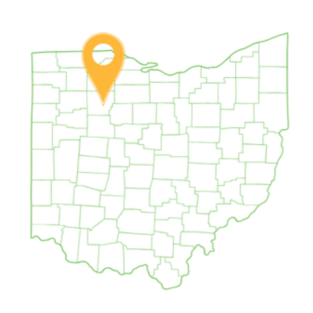 Outline of Ohio map with county boundaries. Orange marker denoting location of Hancock County.