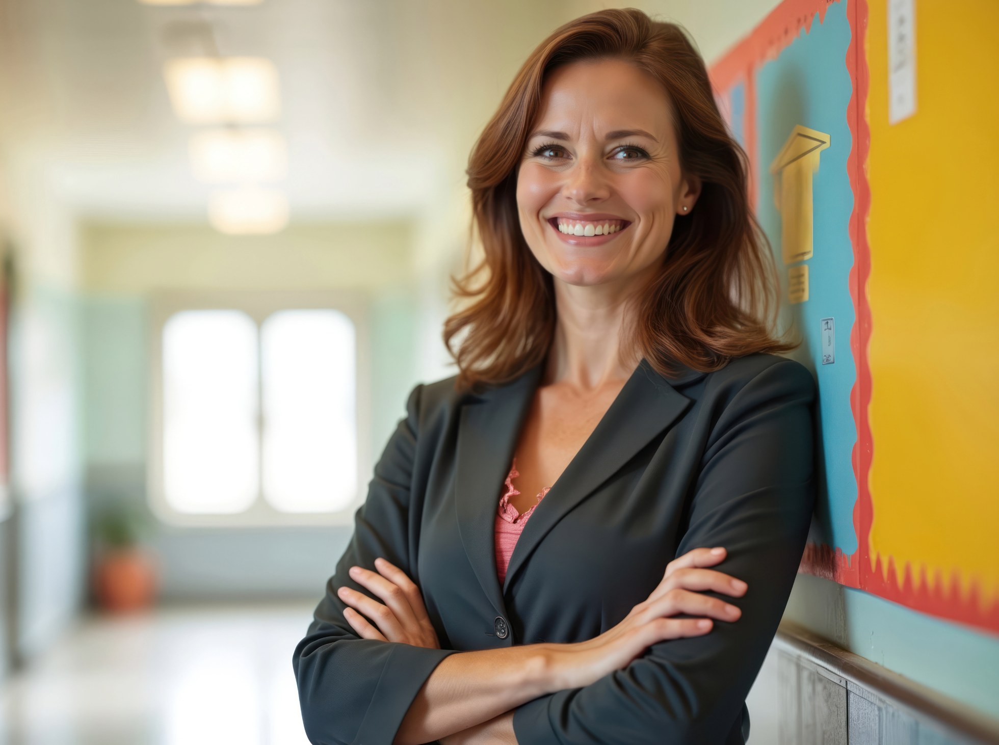 A woman smiling with arms crossed, standing beside a colorful bulletin board in a hallway of a school.