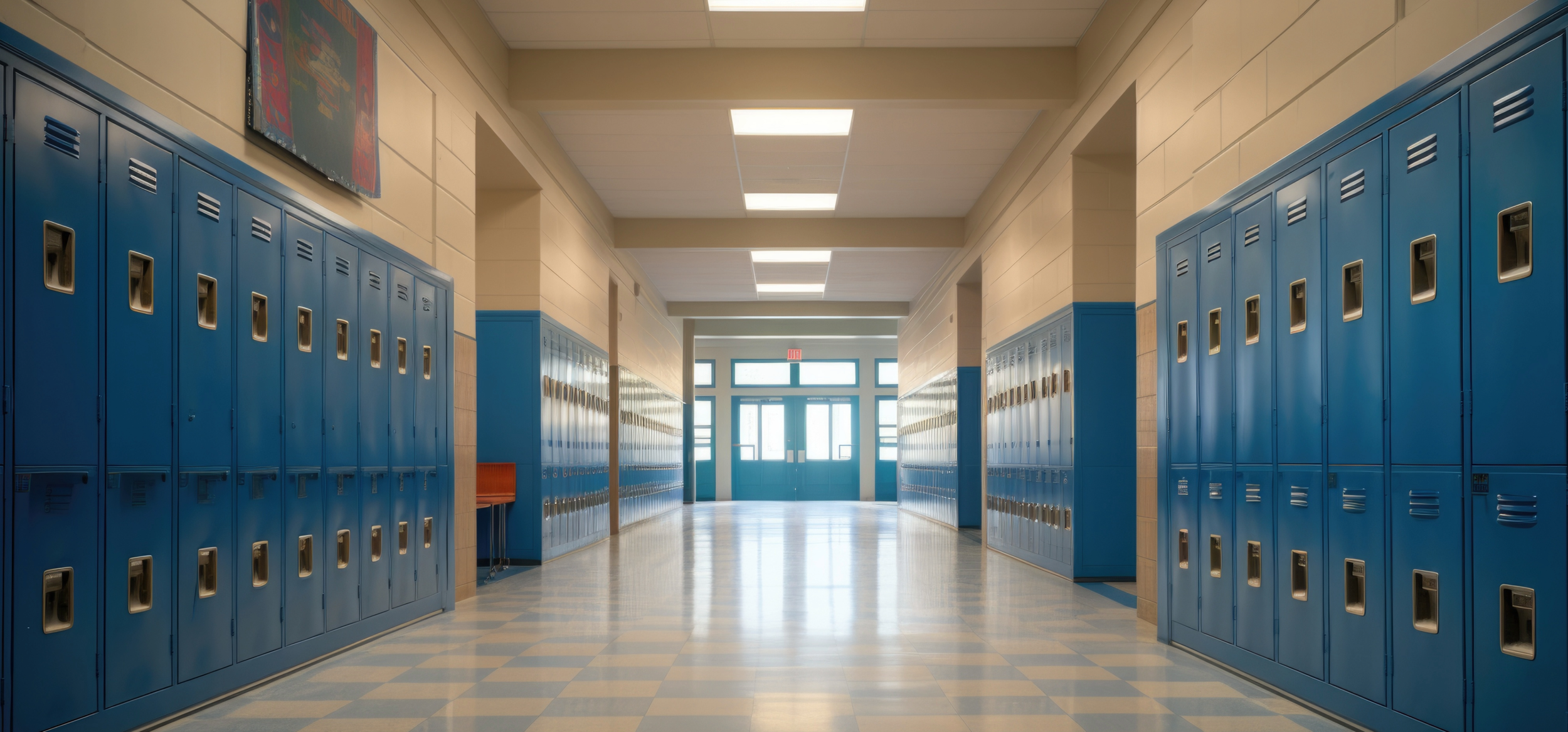 Empty school hallway with blue lockers on both sides and double doors at the end of the hall.