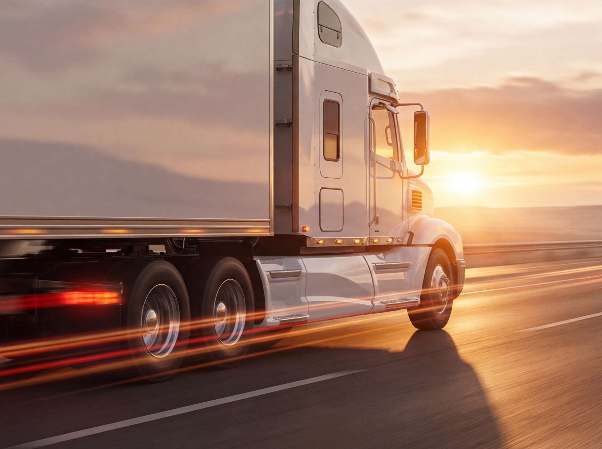 A white semi-truck driving on a highway at sunset.