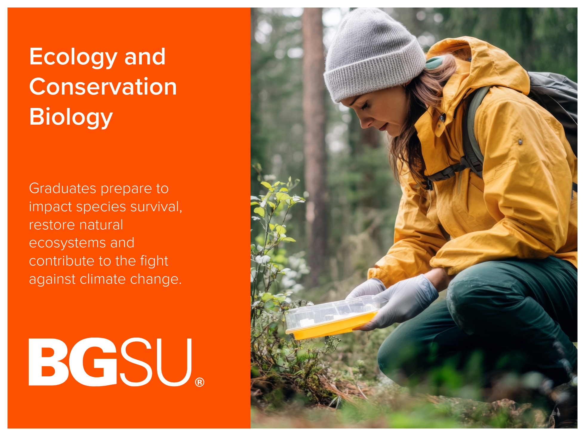 Ecology and Conservation Biology program at Bowling Green State University graduates students prepared to impact species survival, restore natural ecosystems and contribute to the fight against climate change. Image shows a female collecting specimen