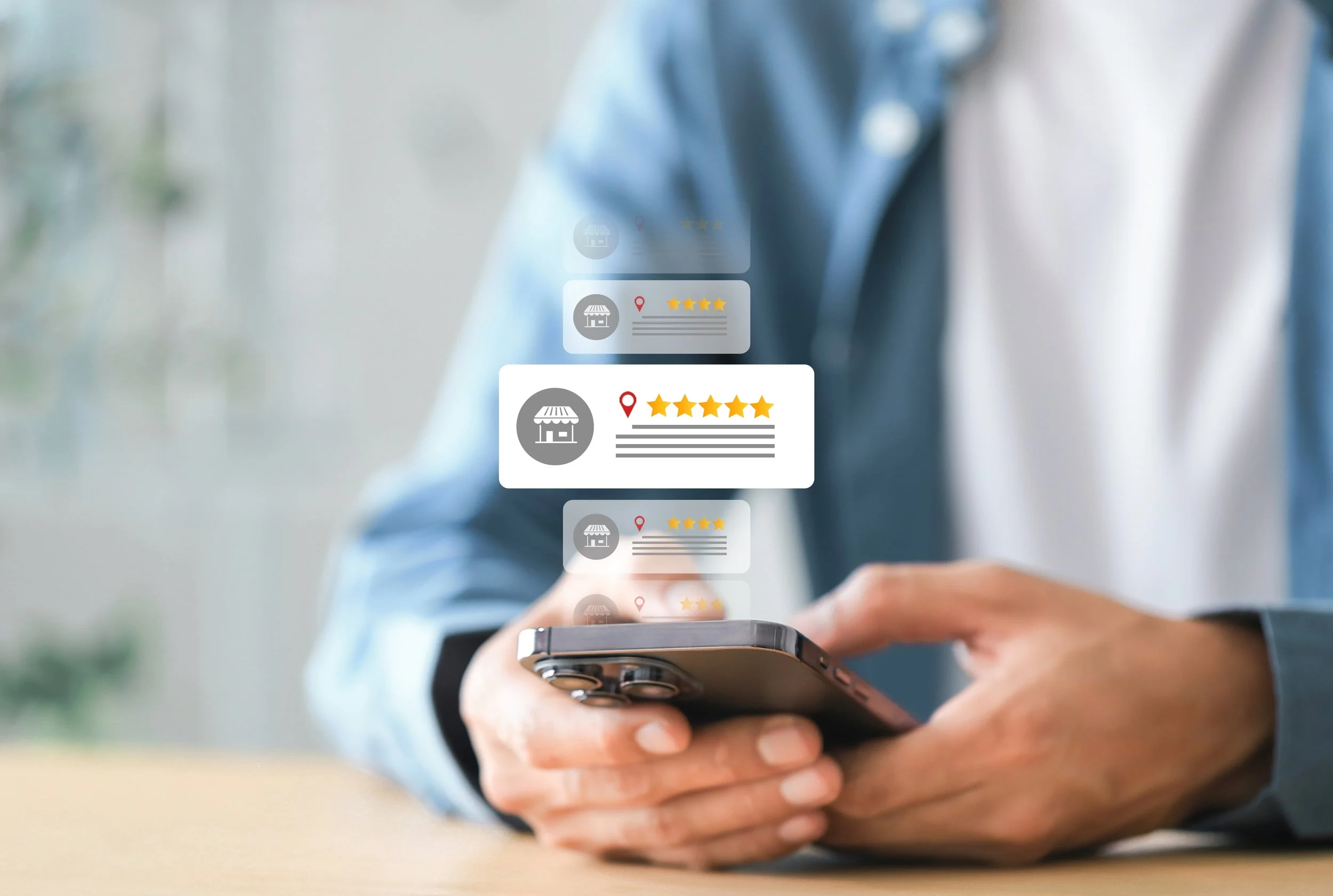 Person holding a smartphone with floating digital reviews and location icons indicating online restaurant reviews.