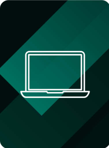 Minimalist icon of a laptop computer on a dark teal and black geometric background.