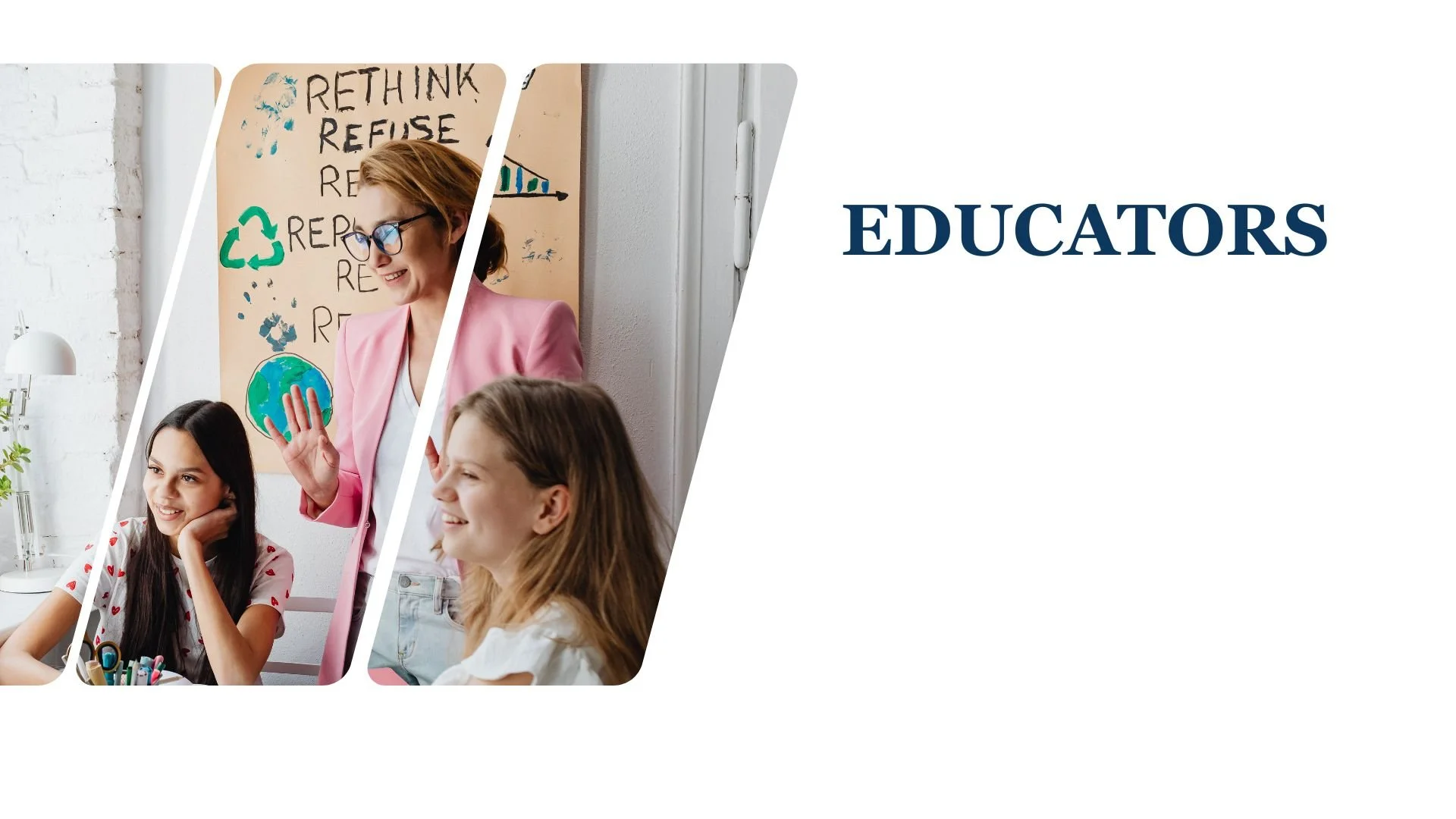 A teacher smiling and raising her hand in front of two young students in a classroom with a creative, eco-themed background and the word 'EDUCATORS' on the right side of the image.