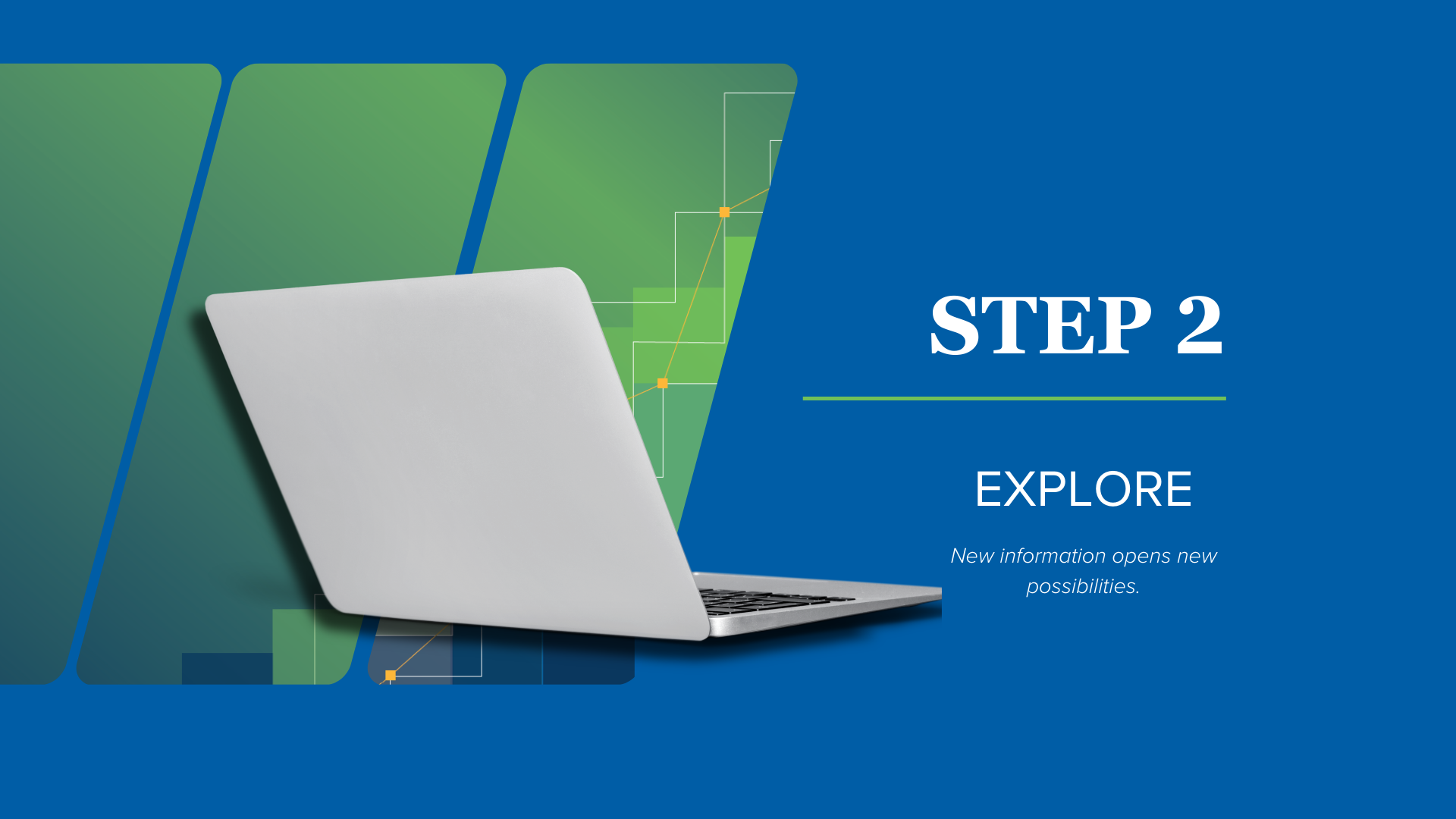 Laptop representing career exploration and research. Step 2: Explore - New information opens new possibilities.