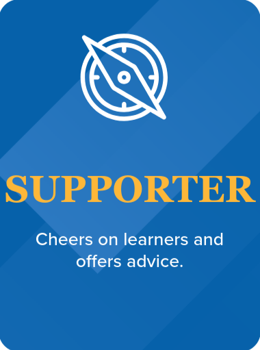 Blue card with a white compass icon at the top, the word "SUPPORTER" in large yellow letters, and the text "Cheer on learners and offers advice" at the bottom.