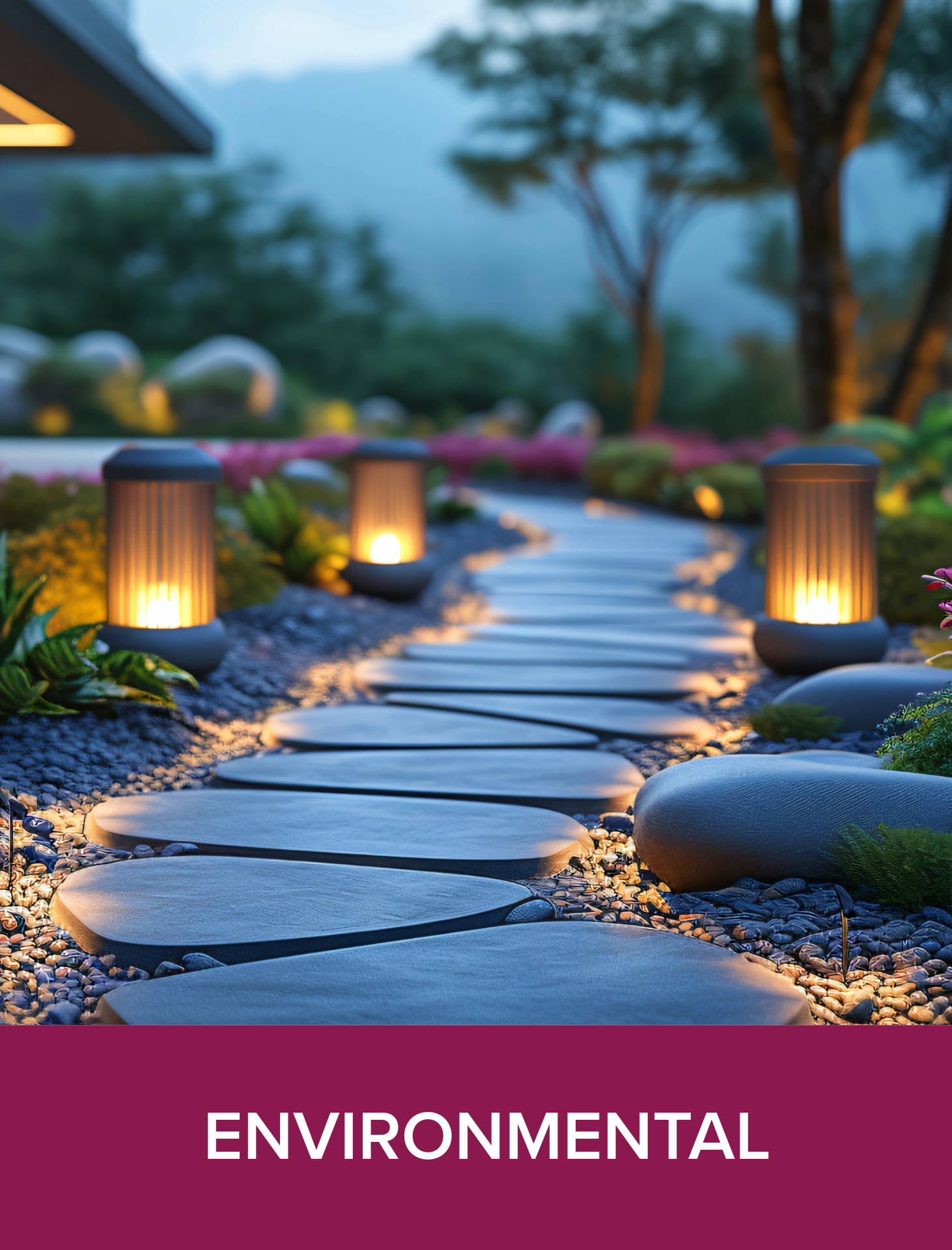 A landscaped outdoor space with a pathway made of round stepping stones, illuminated by small lanterns, surrounded by plants and flowers, with trees at dusk or dawn.